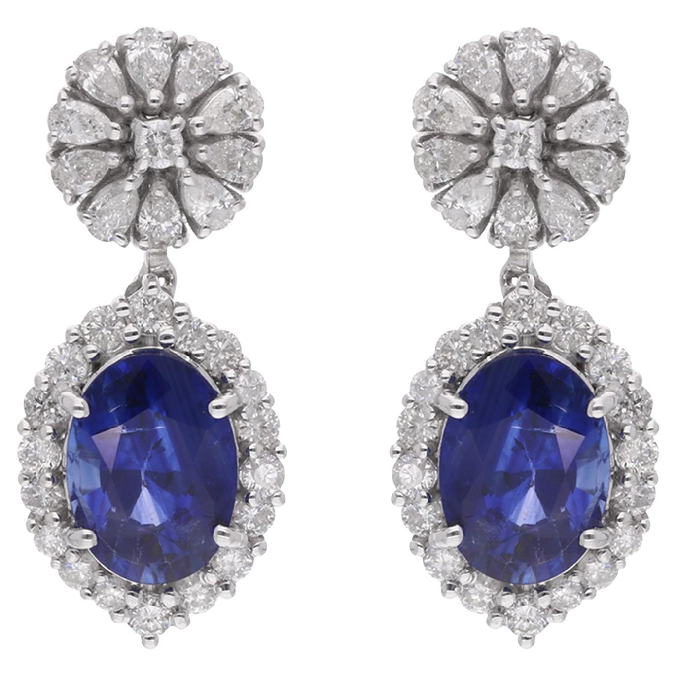 Blue Sapphire Gemstone Dangle Earrings Diamond 18 Karat White Gold Fine Jewelry