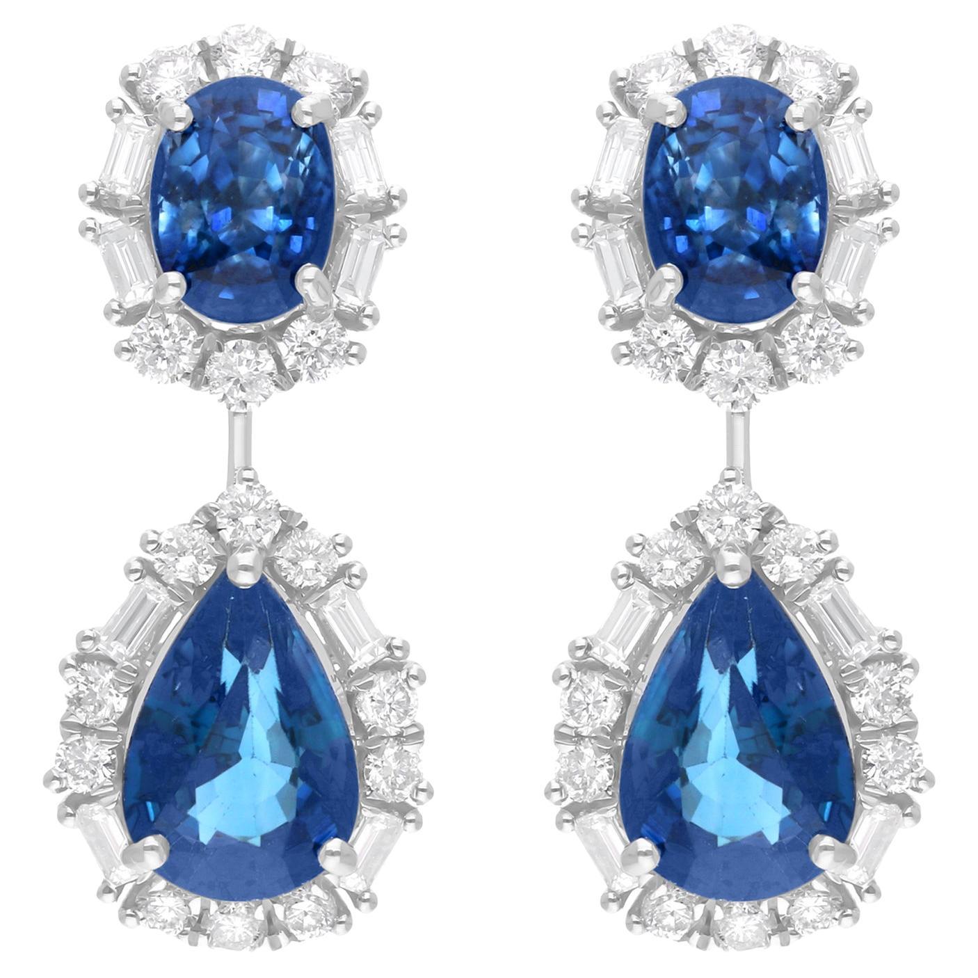 Pendientes Colgantes Zafiro Azul Diamante Oro Blanco 18 Kilates Alta Joyería