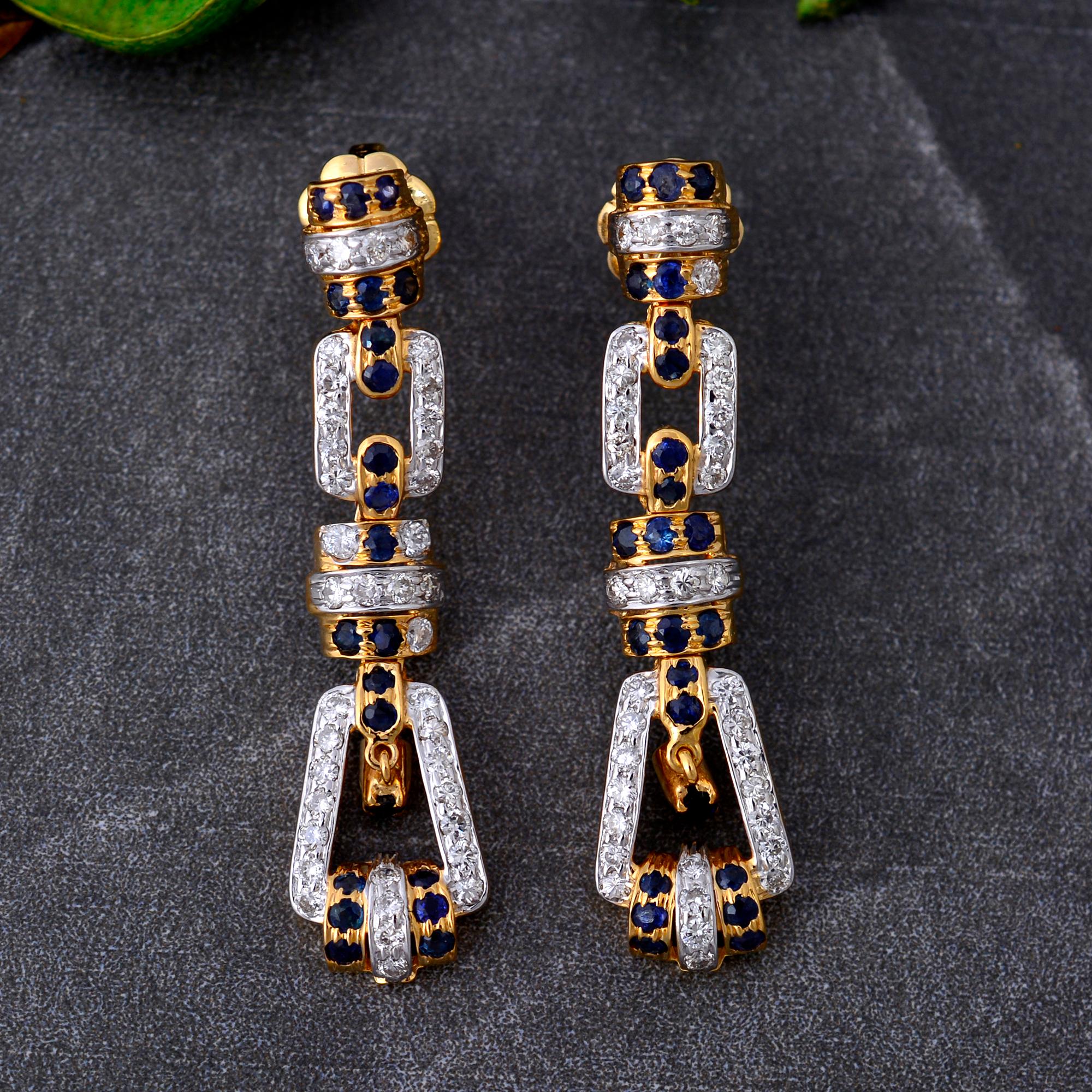 Modern Blue Sapphire Gemstone Dangle Earrings Diamond Pave 18 Karat Yellow Gold Jewelry