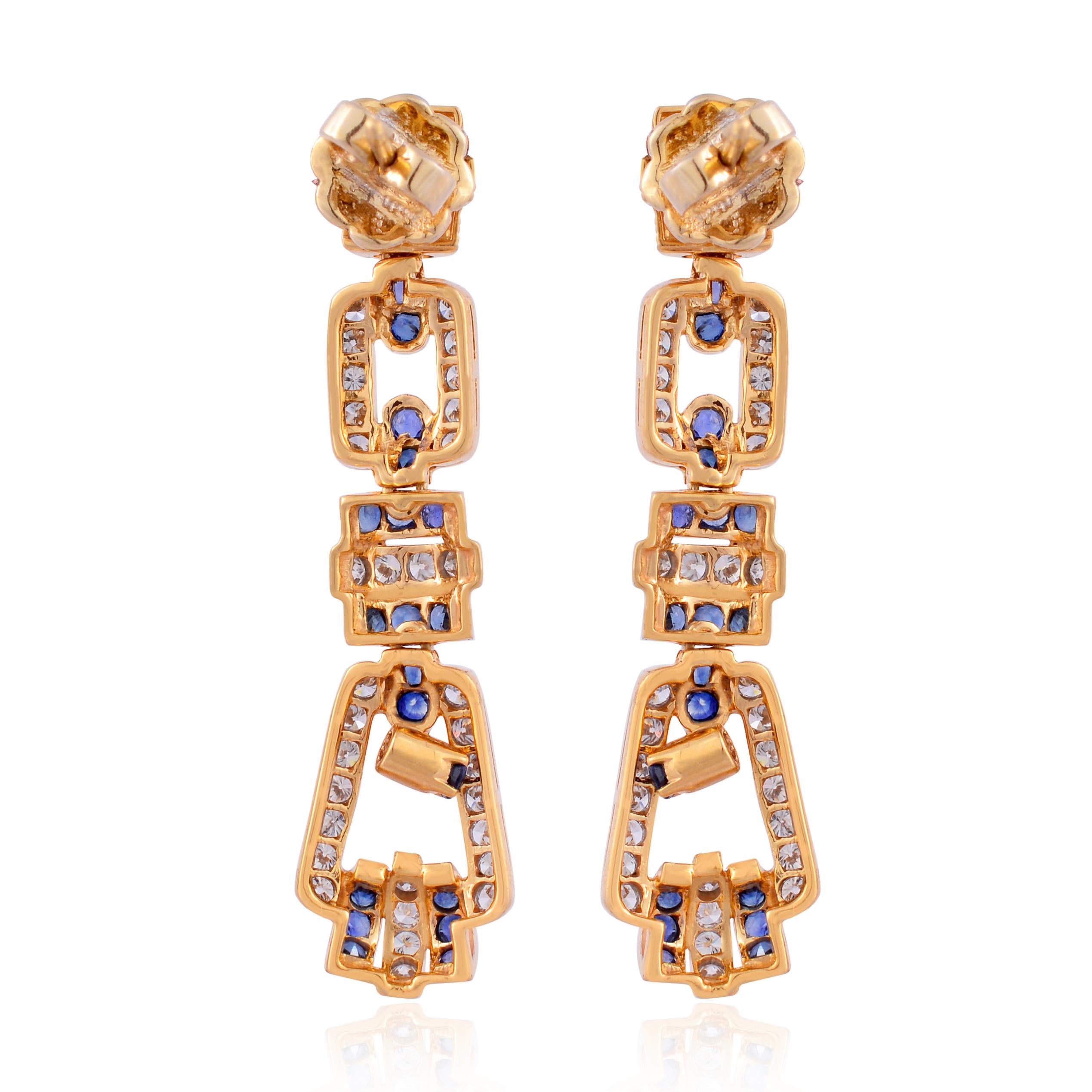 Blue Sapphire Gemstone Dangle Earrings Diamond Pave 18 Karat Yellow Gold Jewelry For Sale 1