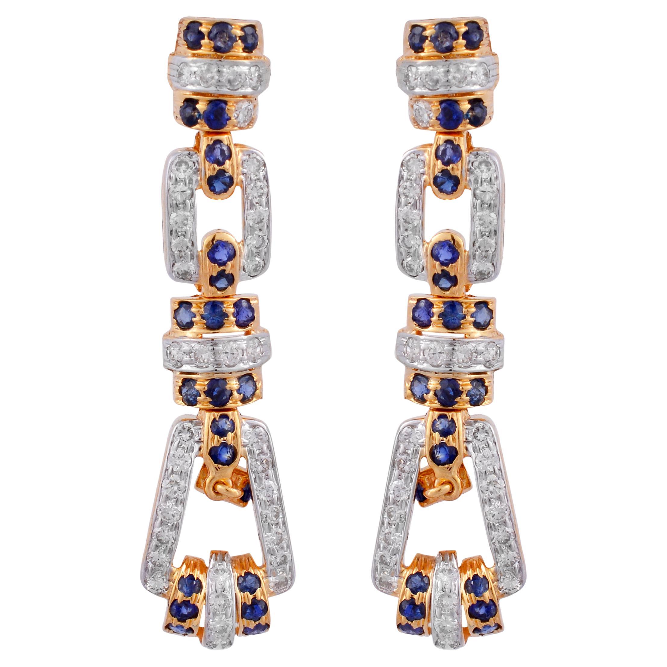 Blue Sapphire Gemstone Dangle Earrings Diamond Pave 18 Karat Yellow Gold Jewelry For Sale