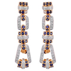 Blue Sapphire Gemstone Dangle Earrings Diamond Pave 18 Karat Yellow Gold Jewelry