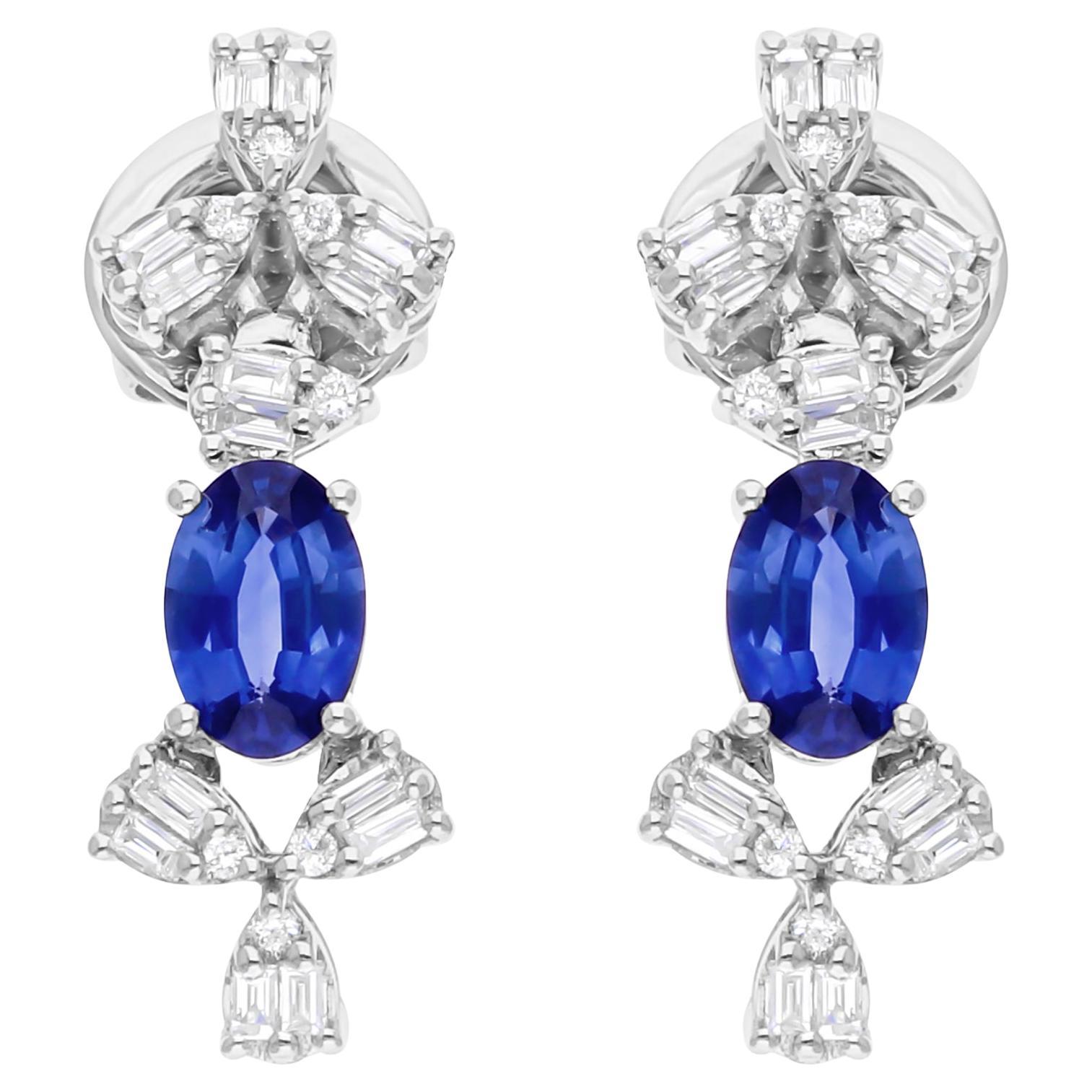 Orecchini pendenti con pietra preziosa zaffiro blu SI/H Baguette Diamond Oro bianco 14 carati