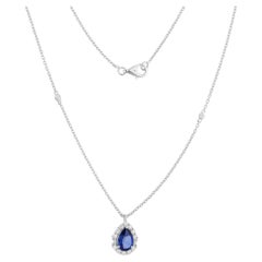 Blue Sapphire Gemstone Drop Pendant Necklace Diamond 14 Karat White Gold Jewelry