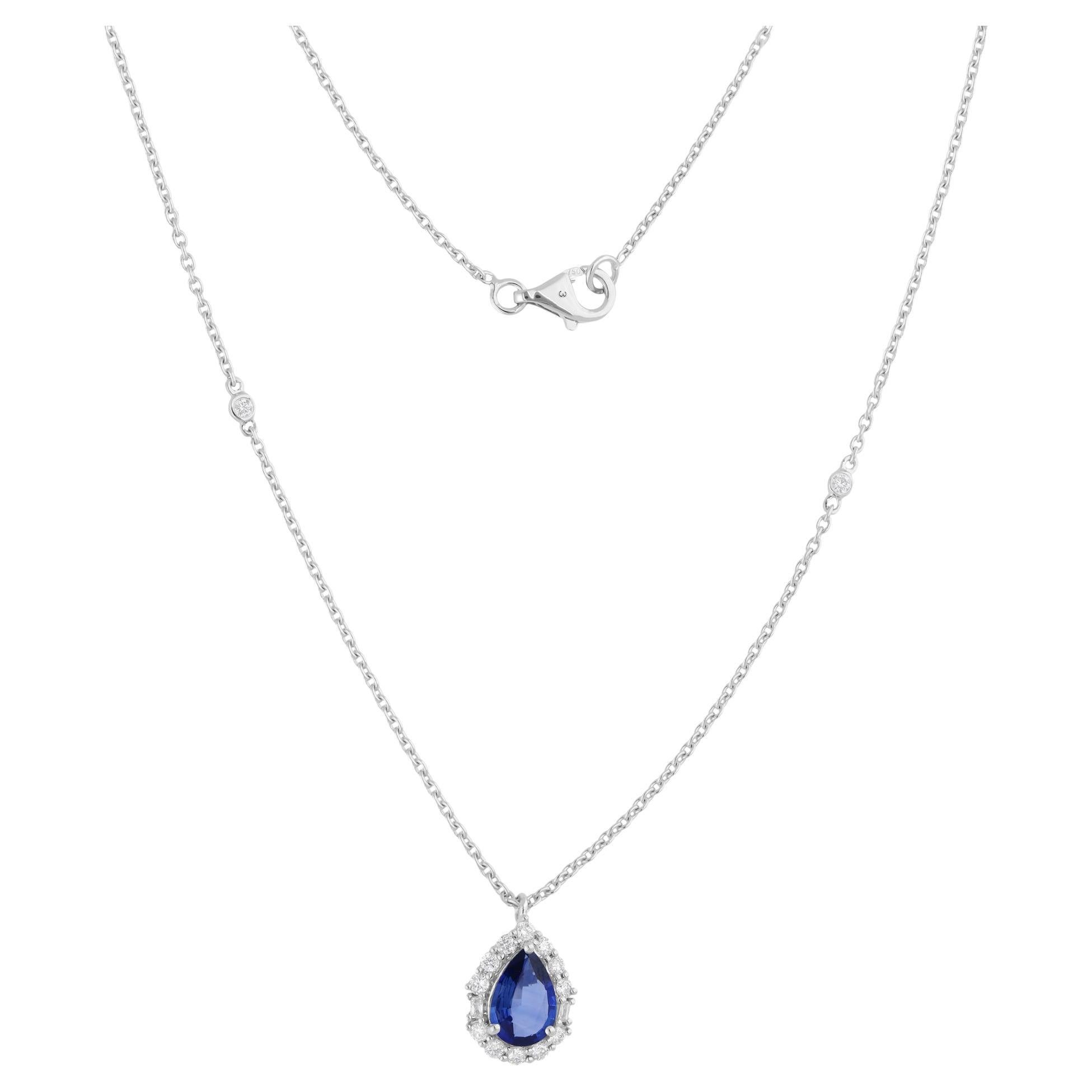 Blue Sapphire Gemstone Drop Pendant Necklace Diamond 18 Karat White Gold Jewelry