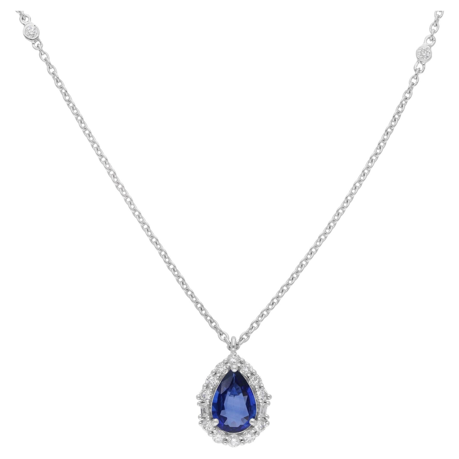 Blue Sapphire Gemstone Drop Pendant Necklace Diamond 18 Karat White Gold Jewelry