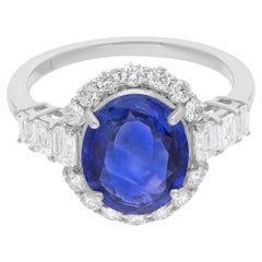 Blue Sapphire Gemstone Ring SI Clarity HI Color Diamond 18 Karat White Gold