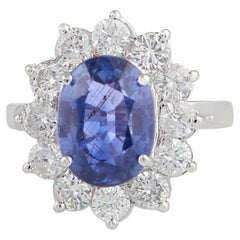 Blue Sapphire Gemstone Flower Cocktail Ring Diamond 18 Kt White Gold Jewelry