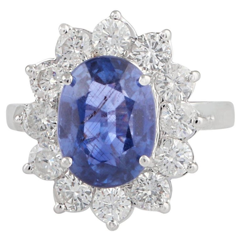 Customizable Blue Sapphire Gemstone Flower Cocktail Ring Diamond 18 Kt