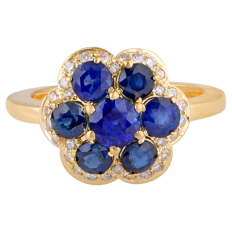Blue Sapphire Gemstone Flower Ring Diamond 14 Karat Yellow Gold Handmade Jewelry For Sale at 1stDibs