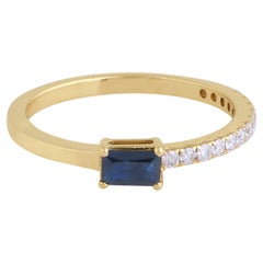 Blue Sapphire Gemstone Half Band Ring Diamond 18 Karat Yellow Gold Fine Jewelry