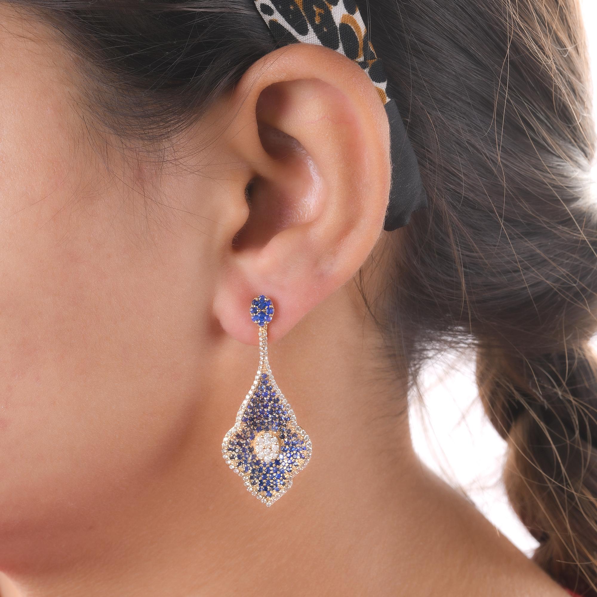Modern Blue Sapphire Gemstone Leaf Dangle Earrings Diamond 14 Karat Yellow Gold Jewelry For Sale