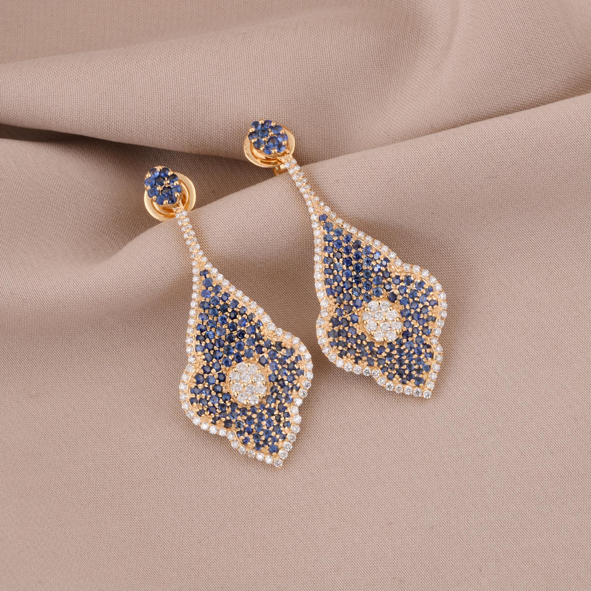 Round Cut Blue Sapphire Gemstone Leaf Dangle Earrings Diamond 14 Karat Yellow Gold Jewelry For Sale