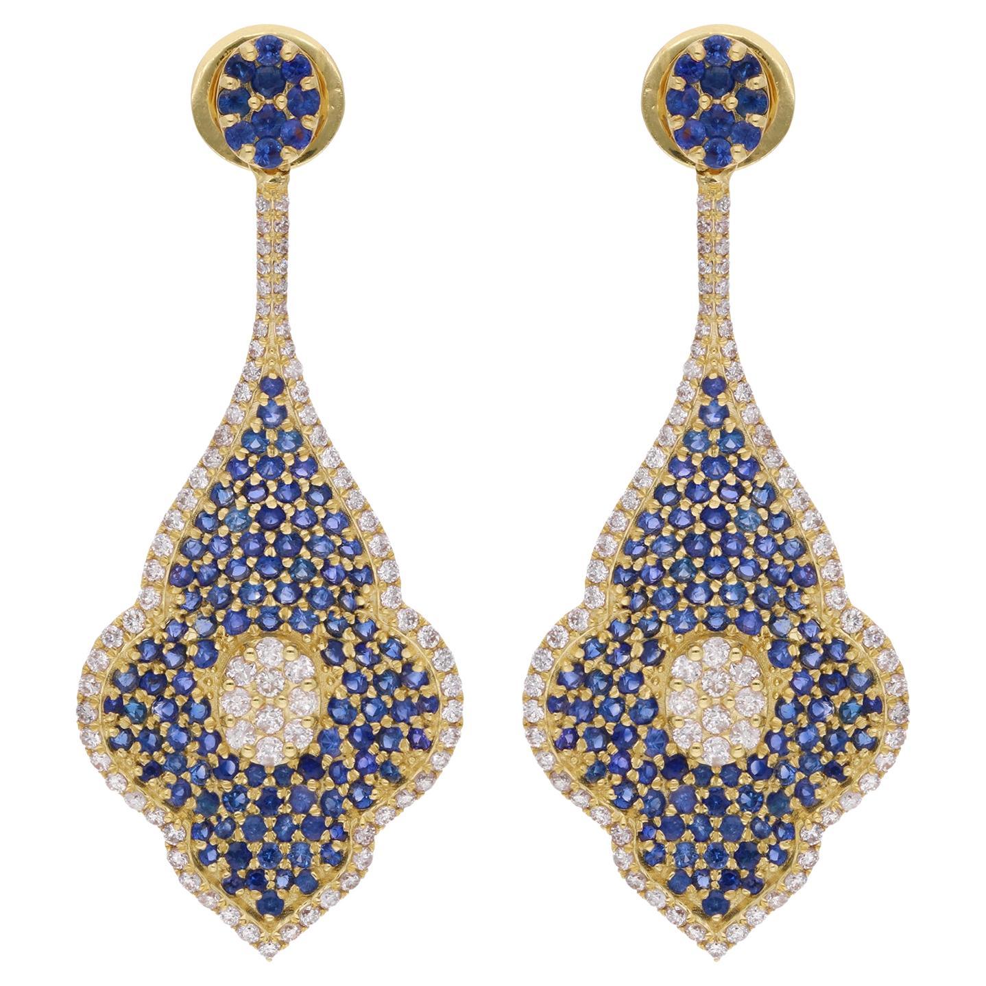 Blue Sapphire Gemstone Leaf Dangle Earrings Diamond 14 Karat Yellow Gold Jewelry For Sale