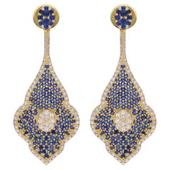 Blue Sapphire Gemstone Leaf Dangle Earrings Diamond 14 Karat Yellow Gold Jewelry