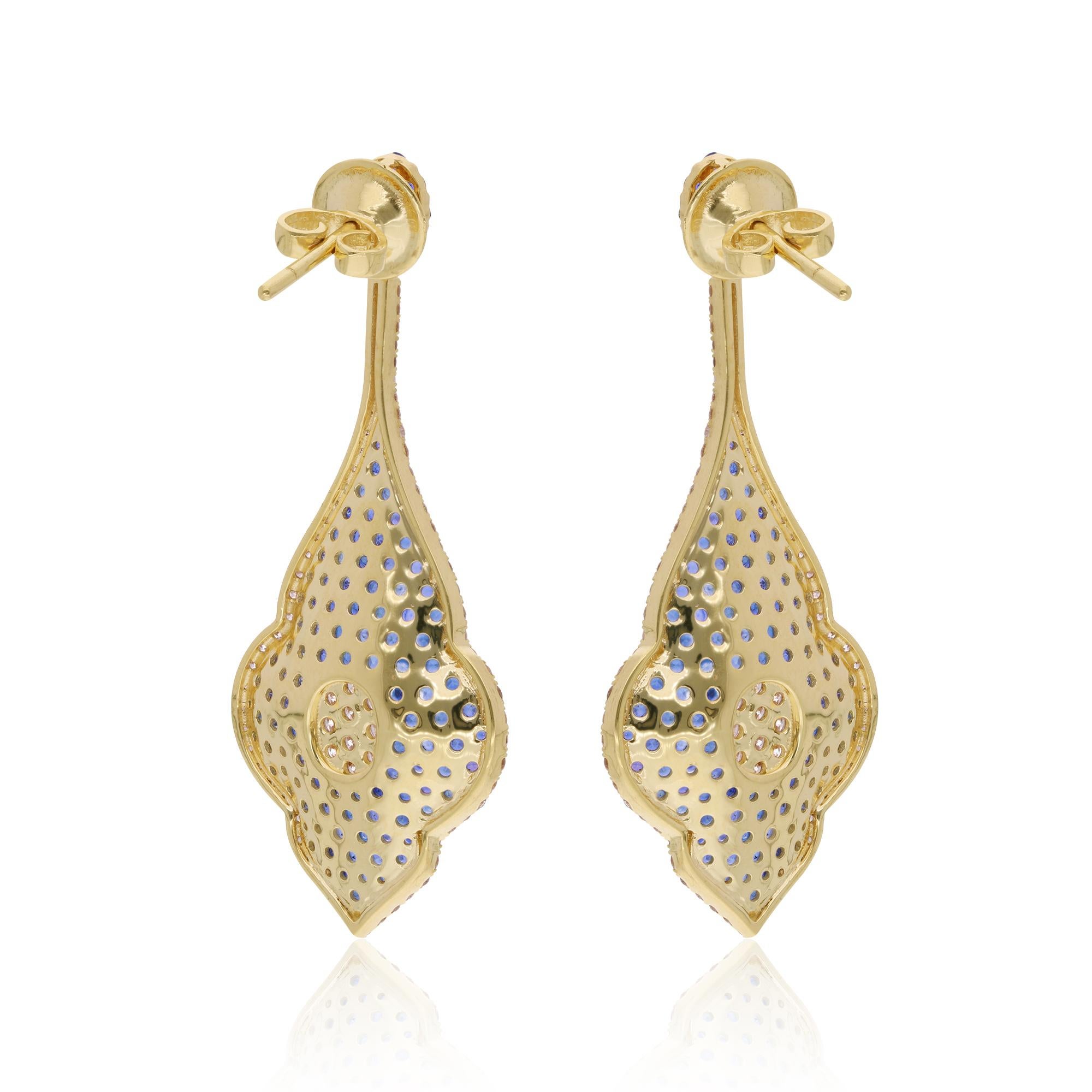 Modern Blue Sapphire Gemstone Leaf Dangle Earrings Diamond 18 Karat Yellow Gold Jewelry For Sale