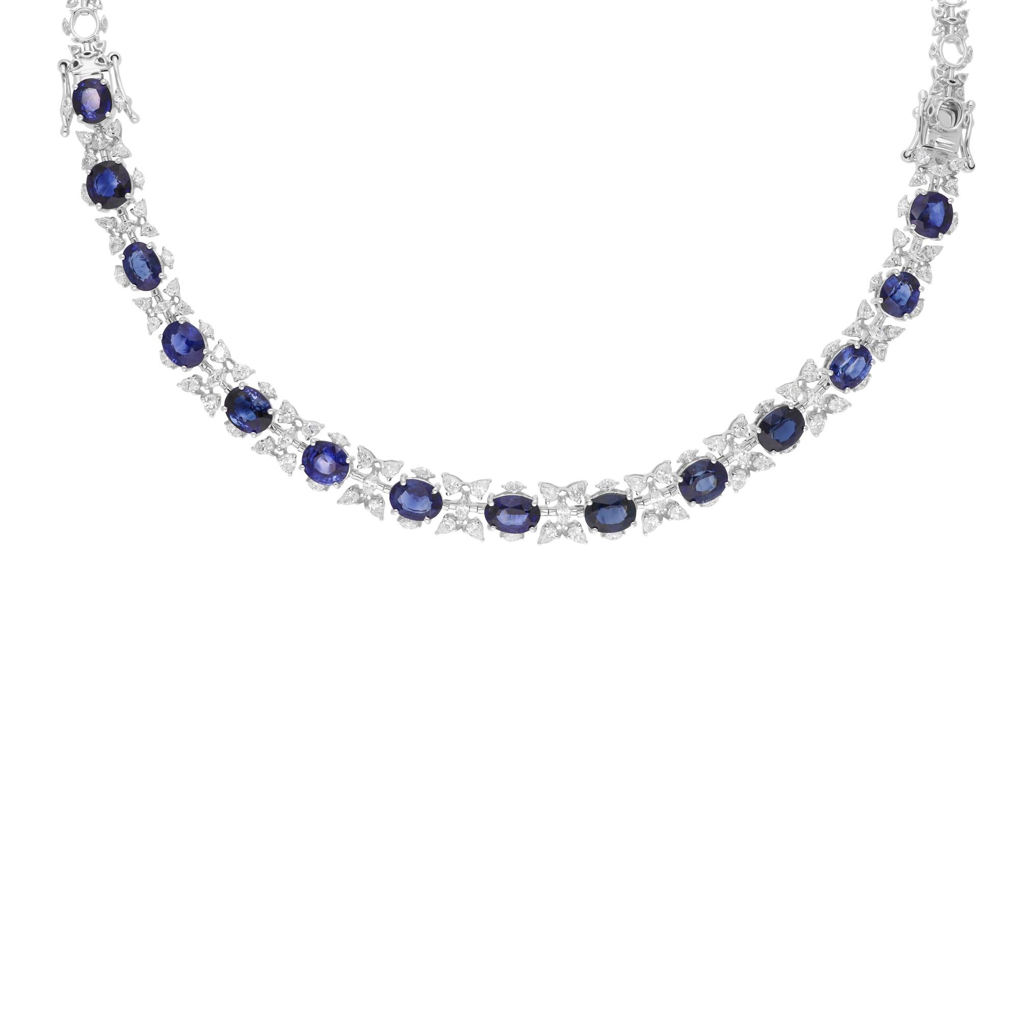 Modern Blue Sapphire Gemstone Necklace SI/H Round Diamond 14 Karat White Gold Jewelry For Sale