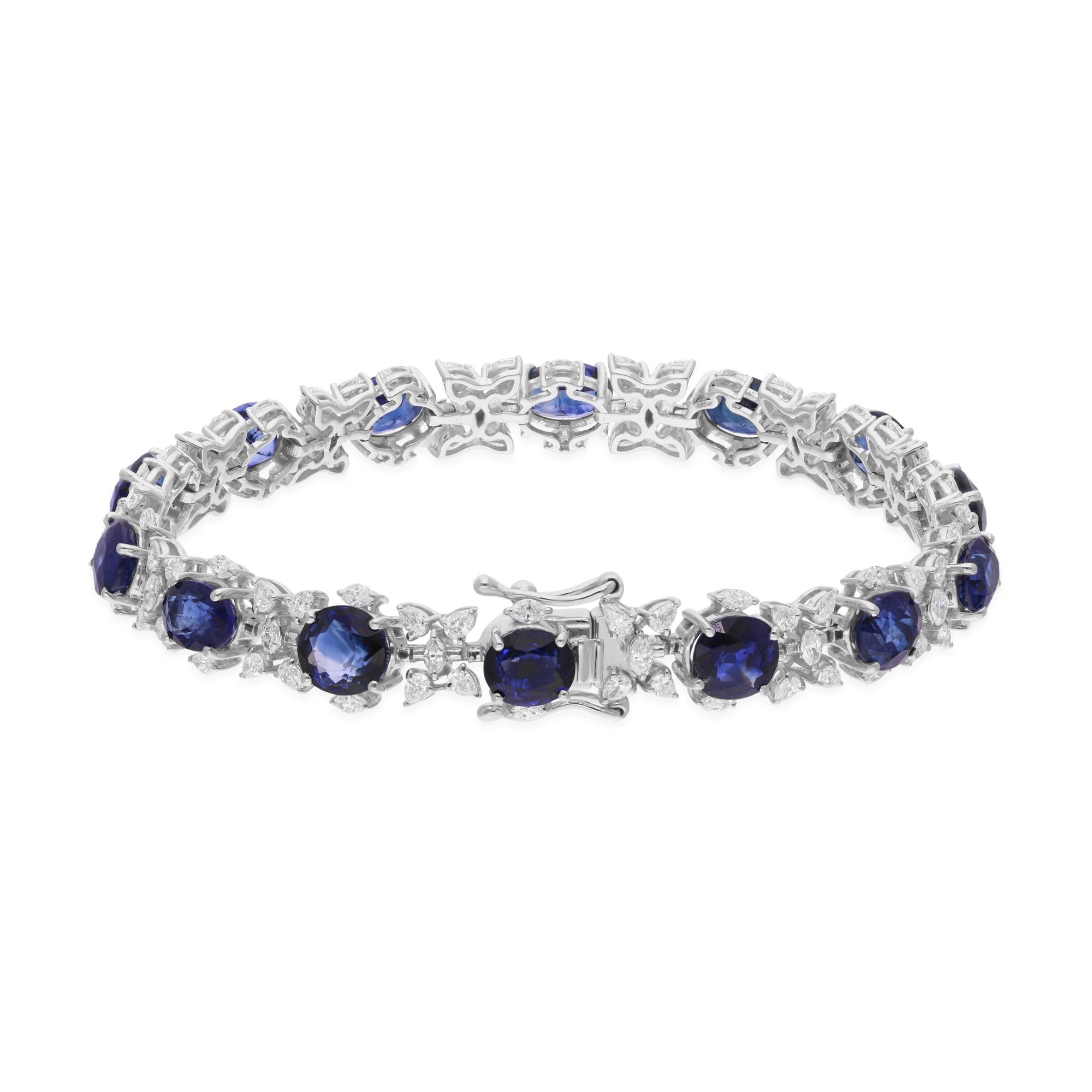 Round Cut Blue Sapphire Gemstone Necklace SI/H Round Diamond 14 Karat White Gold Jewelry For Sale