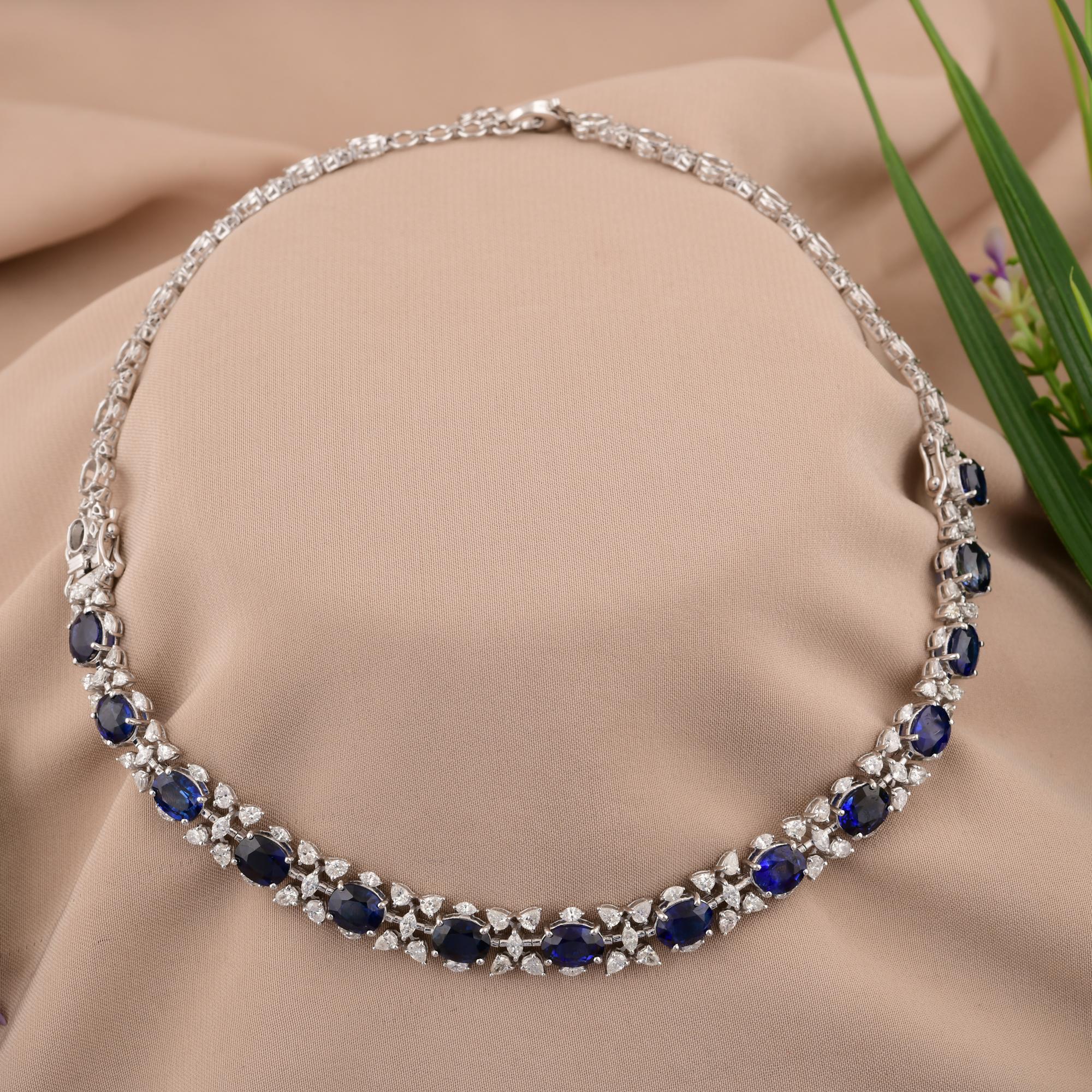Blue Sapphire Gemstone Necklace SI/H Round Diamond 14 Karat White Gold Jewelry In New Condition For Sale In Diera, Dubai