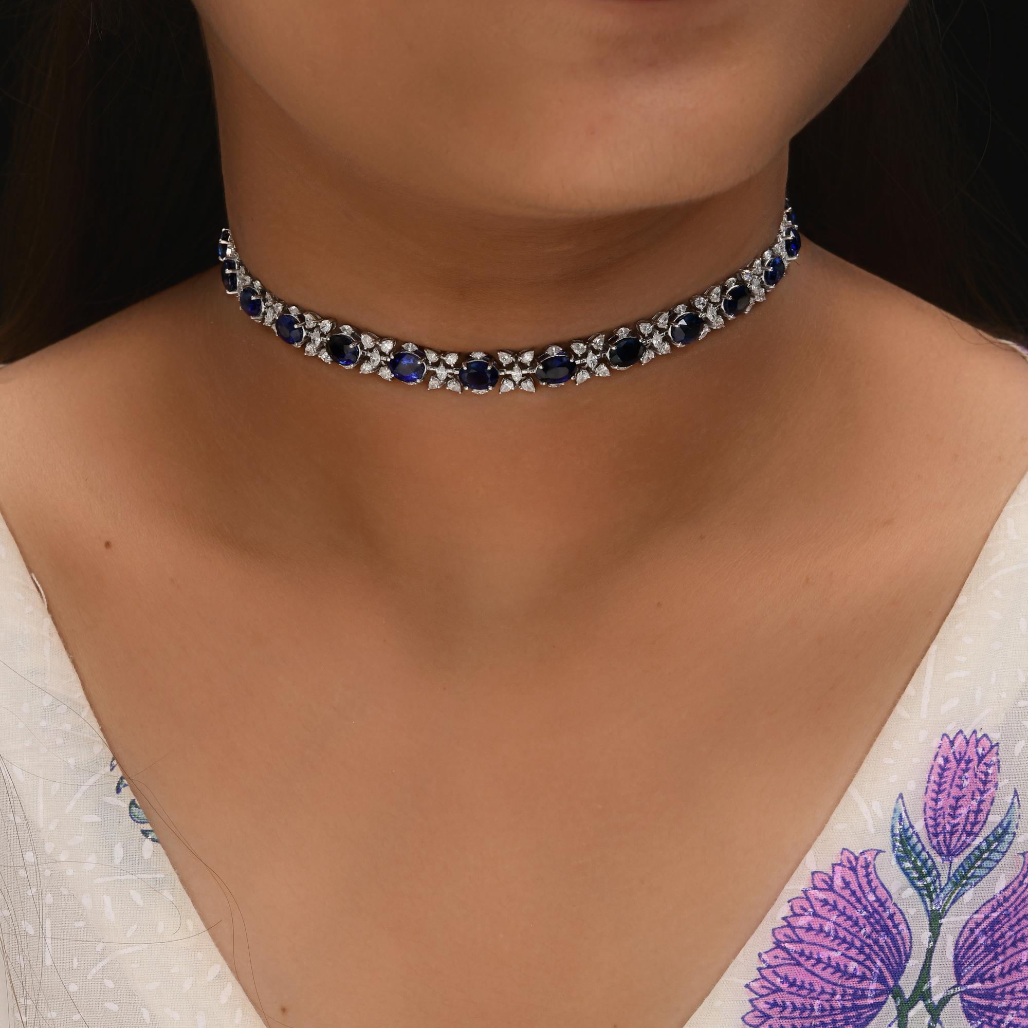 Women's Blue Sapphire Gemstone Necklace SI/H Round Diamond 14 Karat White Gold Jewelry For Sale