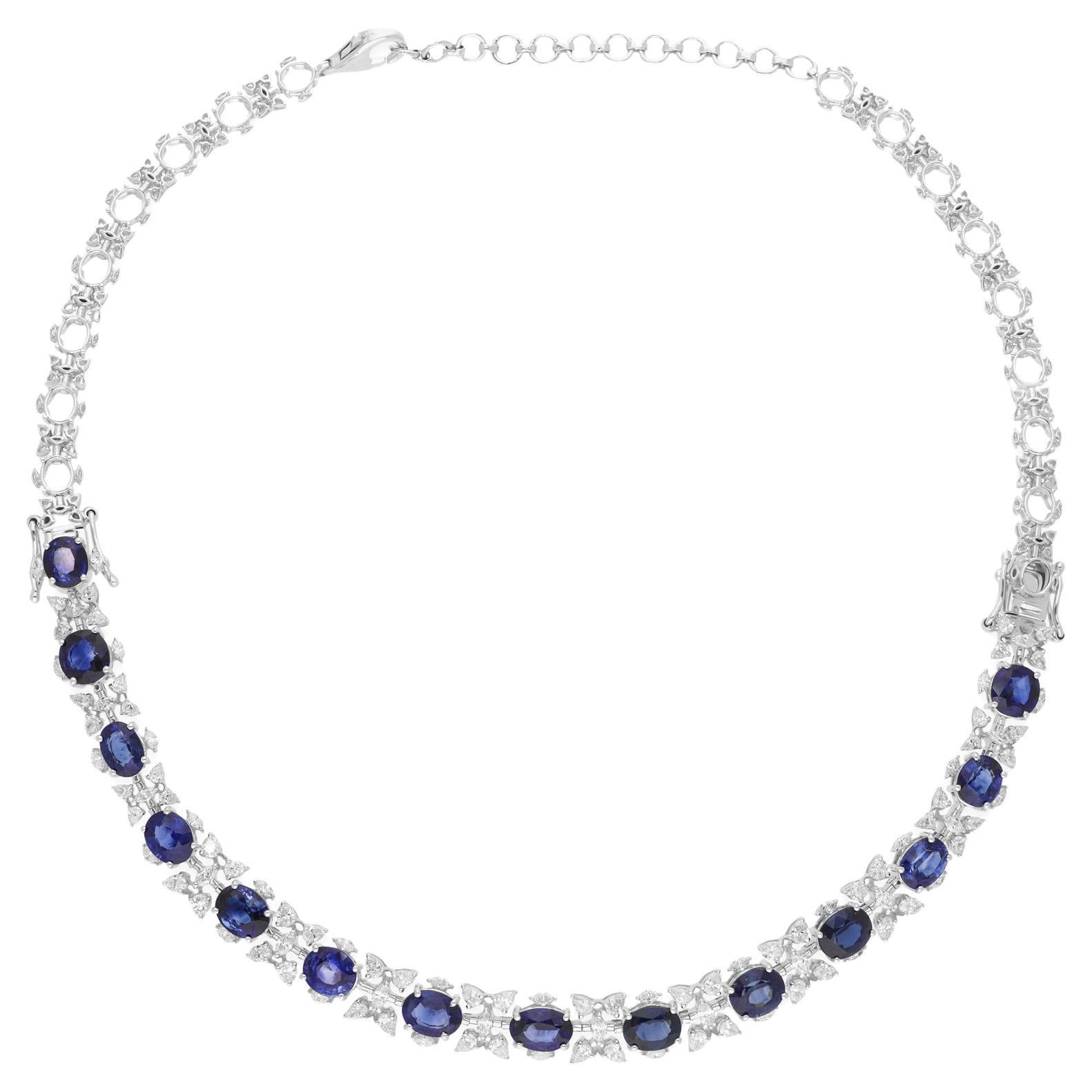 15.5 Carat Blue Sapphire Necklace 3.25 Ct SI/H Round Diamond 18 Karat White Gold For Sale