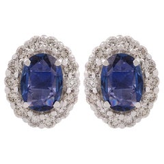 Blue Sapphire Gemstone Oval Stud Earrings 18 Karat White Gold Diamond Jewelry