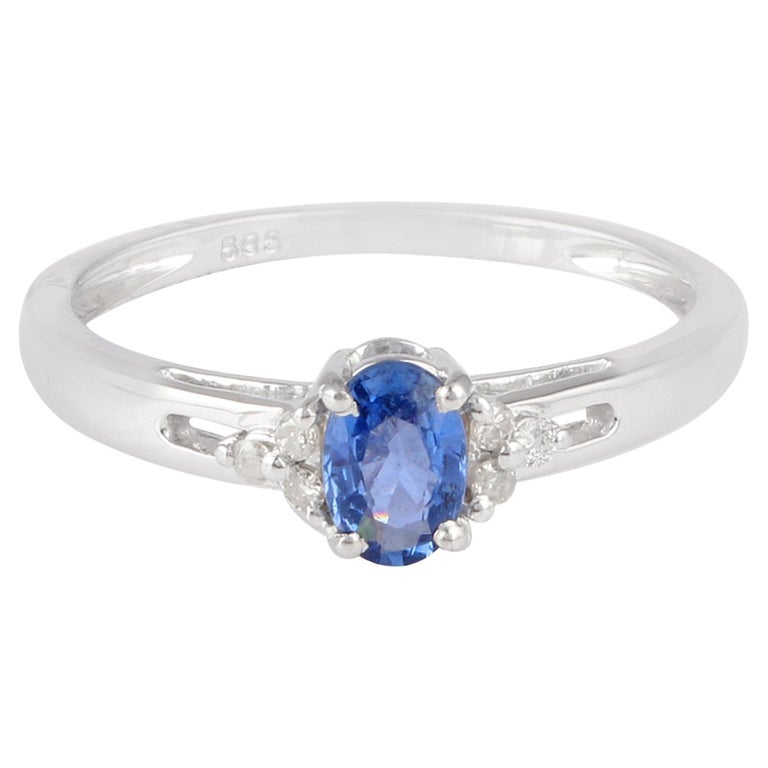 Blue Sapphire Gemstone Promise Ring Diamond 14k White Gold Handmade Fine Jewelry For Sale at 1stDibs