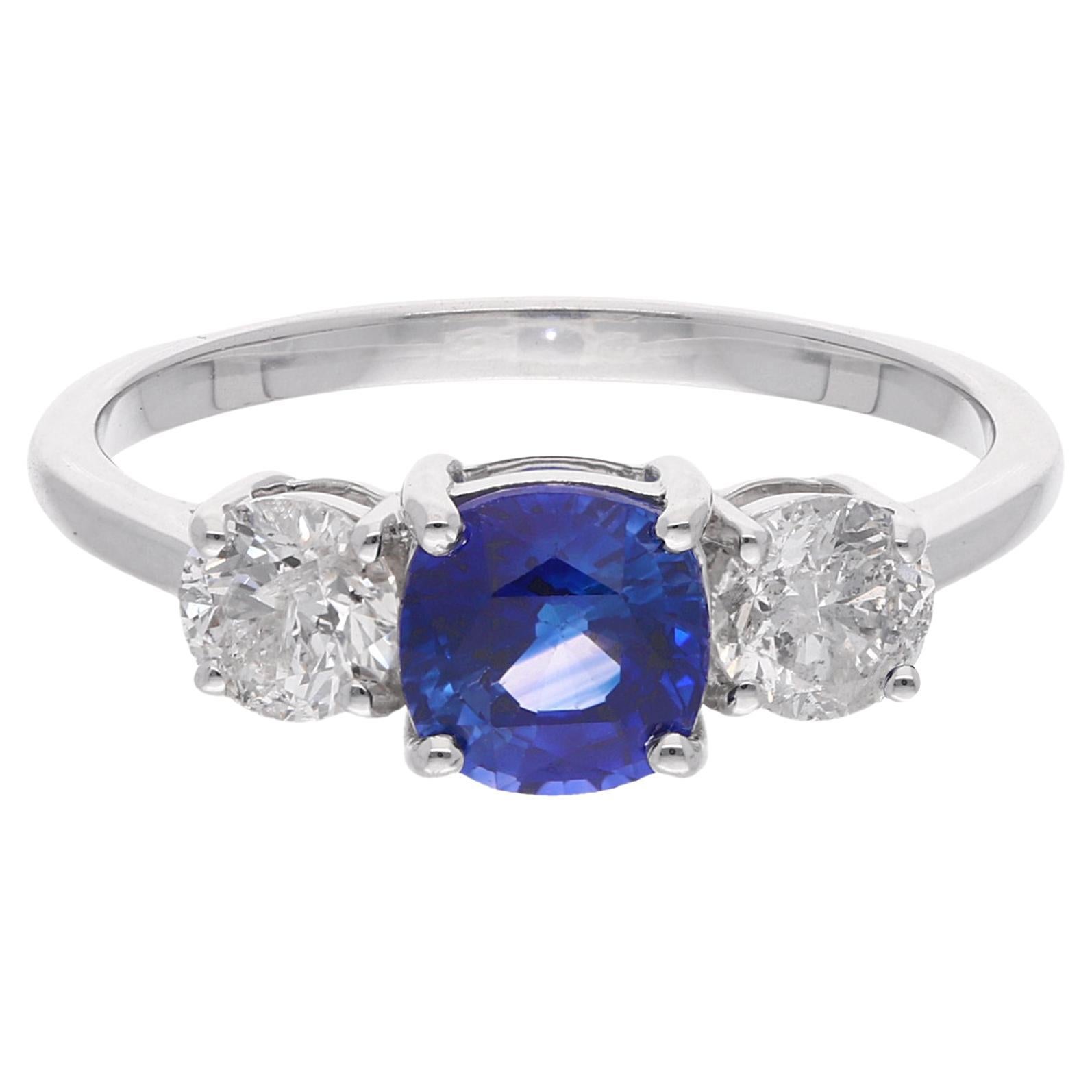Blue Sapphire Gemstone Promise Ring Diamond 18 Karat White Gold Handmade Jewelry