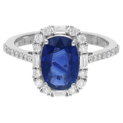 Blue Sapphire Gemstone Ring Diamond 14 Karat White Gold Handmade Fine Jewelry