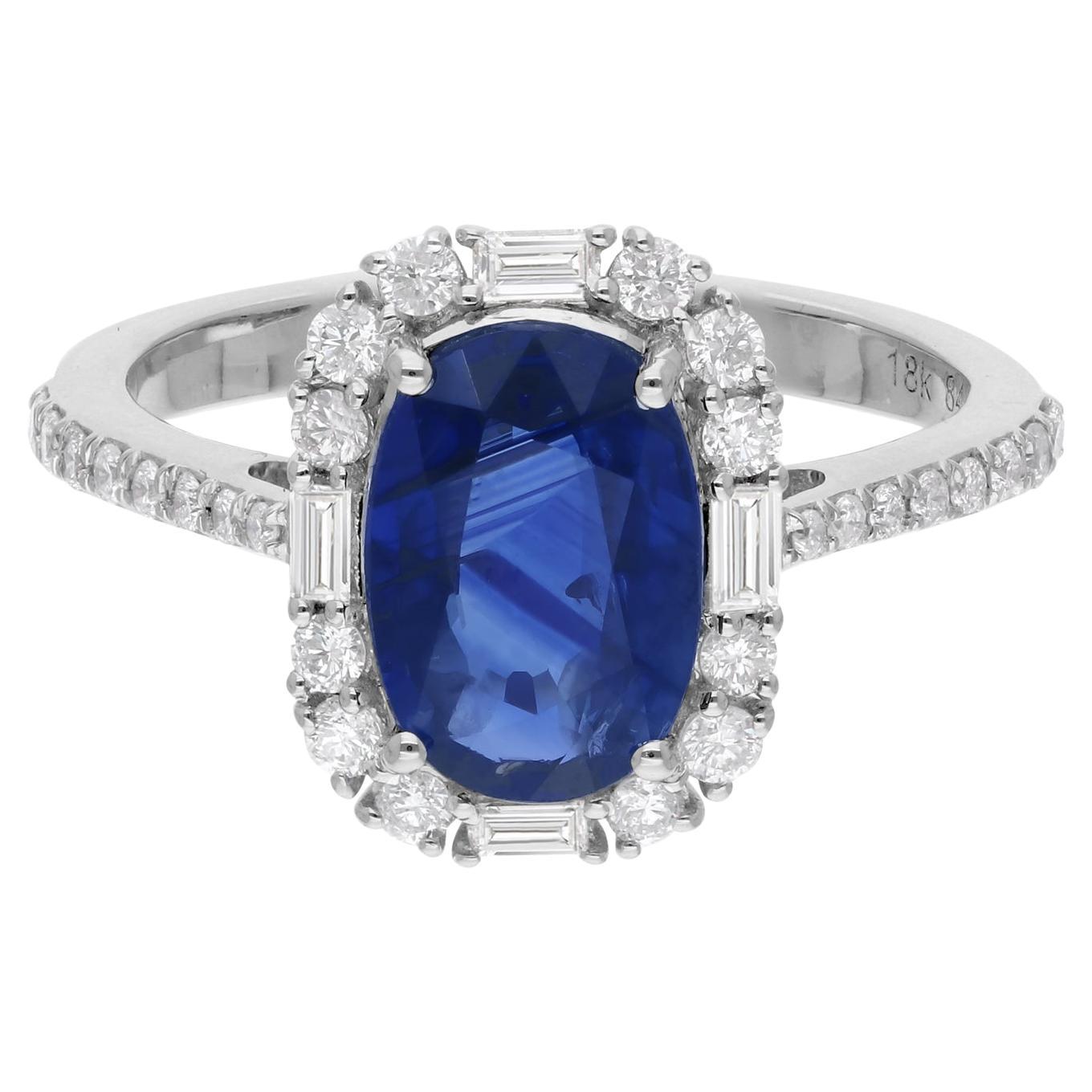 Handgefertigter feiner Edelsteinring mit blauem Saphir und Diamant aus 14 Karat Weißgold