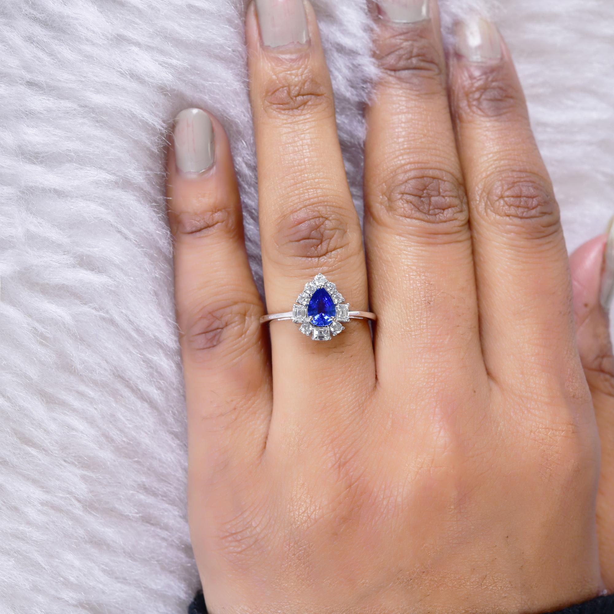 De las mujeres Zafiro Azul Anillo de Piedras Preciosas Diamante 18 Kilates Oro Blanco Hecho a Mano Joyería Fina en venta