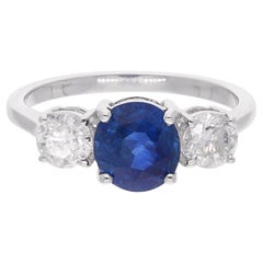 Blue Sapphire Gemstone Ring Diamond 18 Karat White Gold Handmade Fine Jewelry