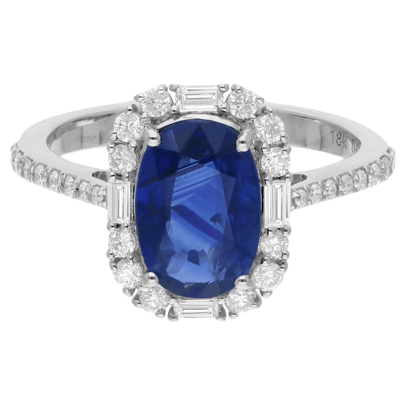 Zafiro Azul Anillo de Piedras Preciosas Diamante 18 Kilates Oro Blanco Hecho a Mano Joyería Fina