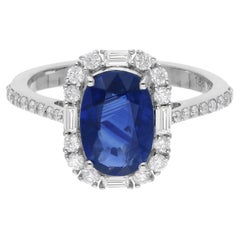 Blue Sapphire Gemstone Ring Diamond 18 Karat White Gold Handmade Fine Jewelry