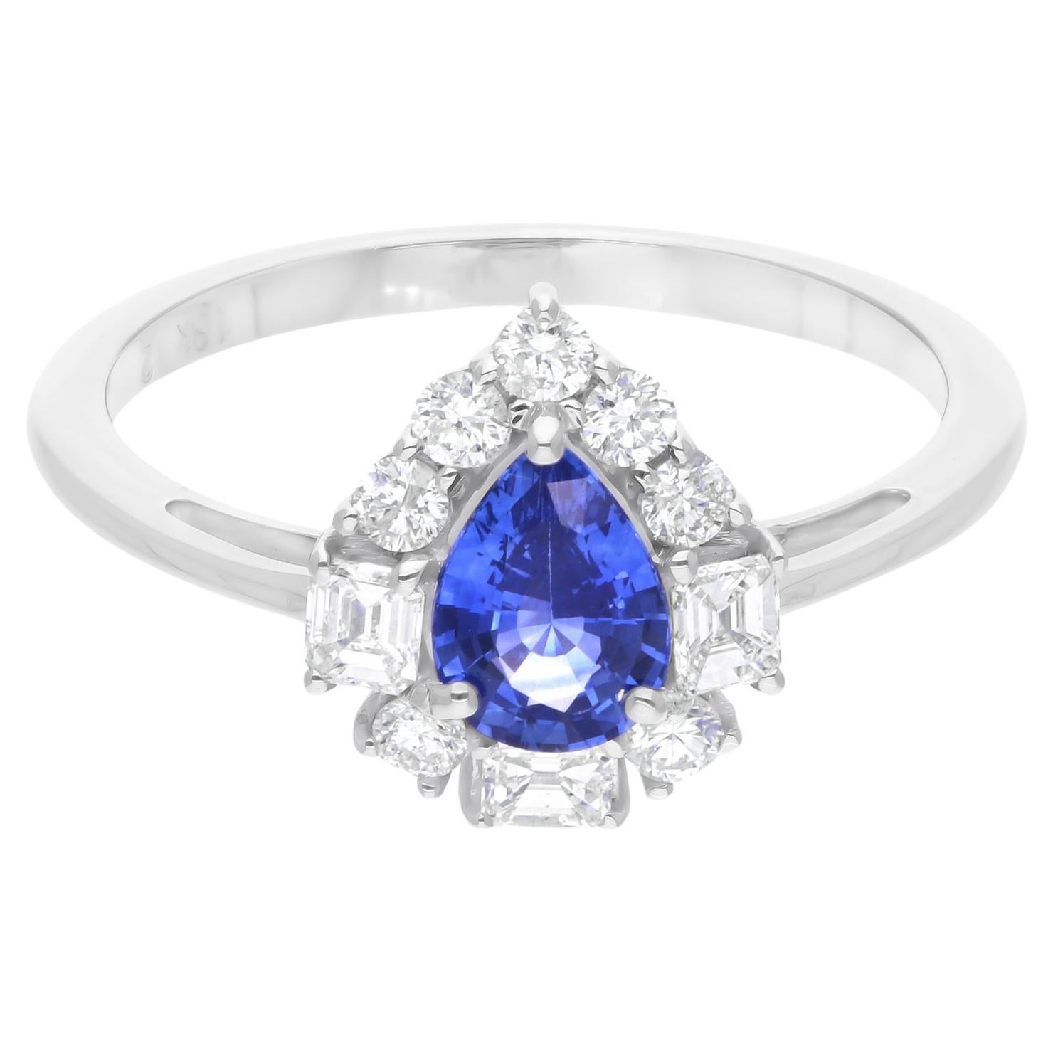 Zafiro Azul Anillo de Piedras Preciosas Diamante 18 Kilates Oro Blanco Hecho a Mano Joyería Fina en venta