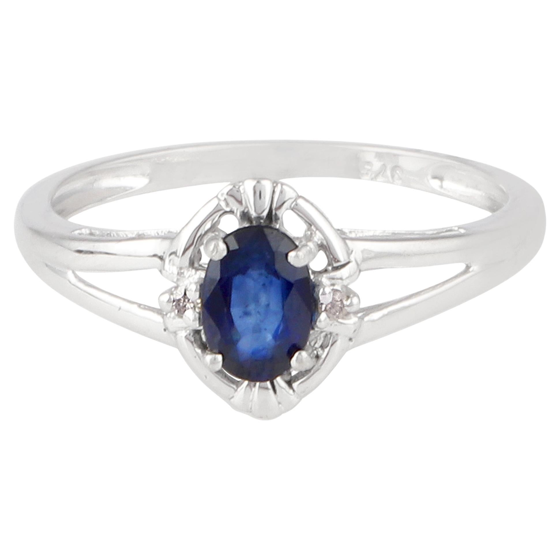 For Sale:  Natural Blue Sapphire Gemstone Ring Diamond Pave 9 Karat White Gold Fine Jewelry