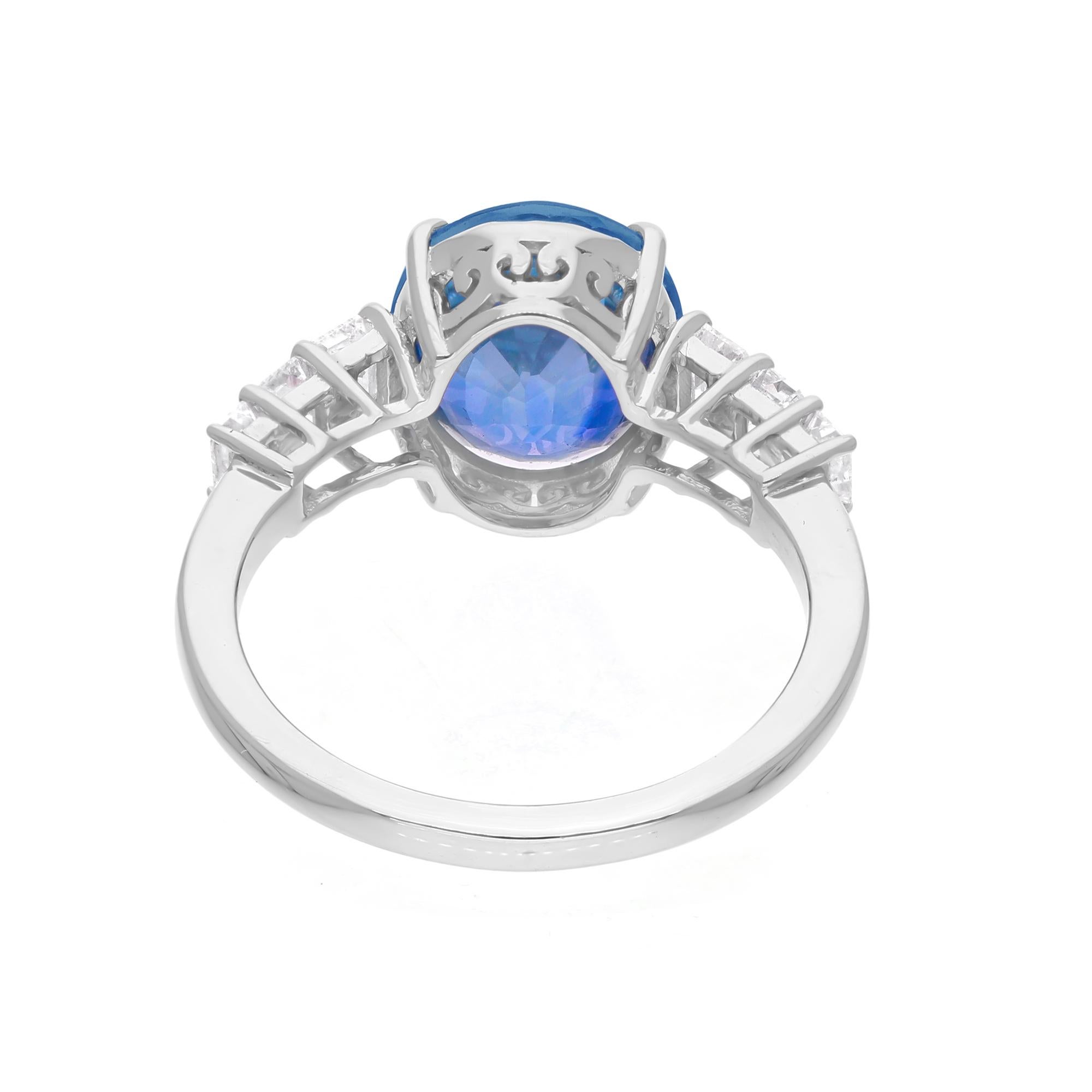 Modern Blue Sapphire Gemstone Ring Emerald Cut Diamond 18 Karat White Gold Fine Jewelry For Sale