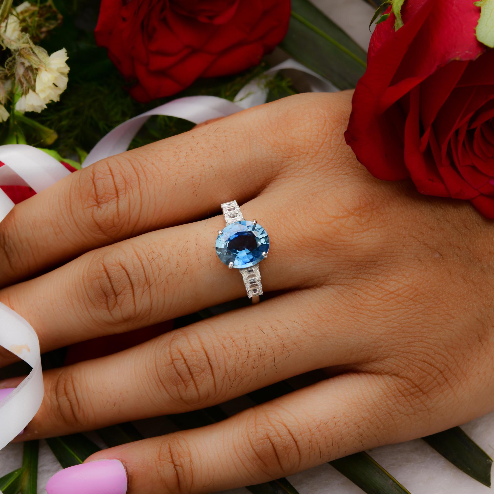 Blue Sapphire Gemstone Ring Emerald Cut Diamond 18 Karat White Gold Fine Jewelry In New Condition For Sale In Diera, Dubai