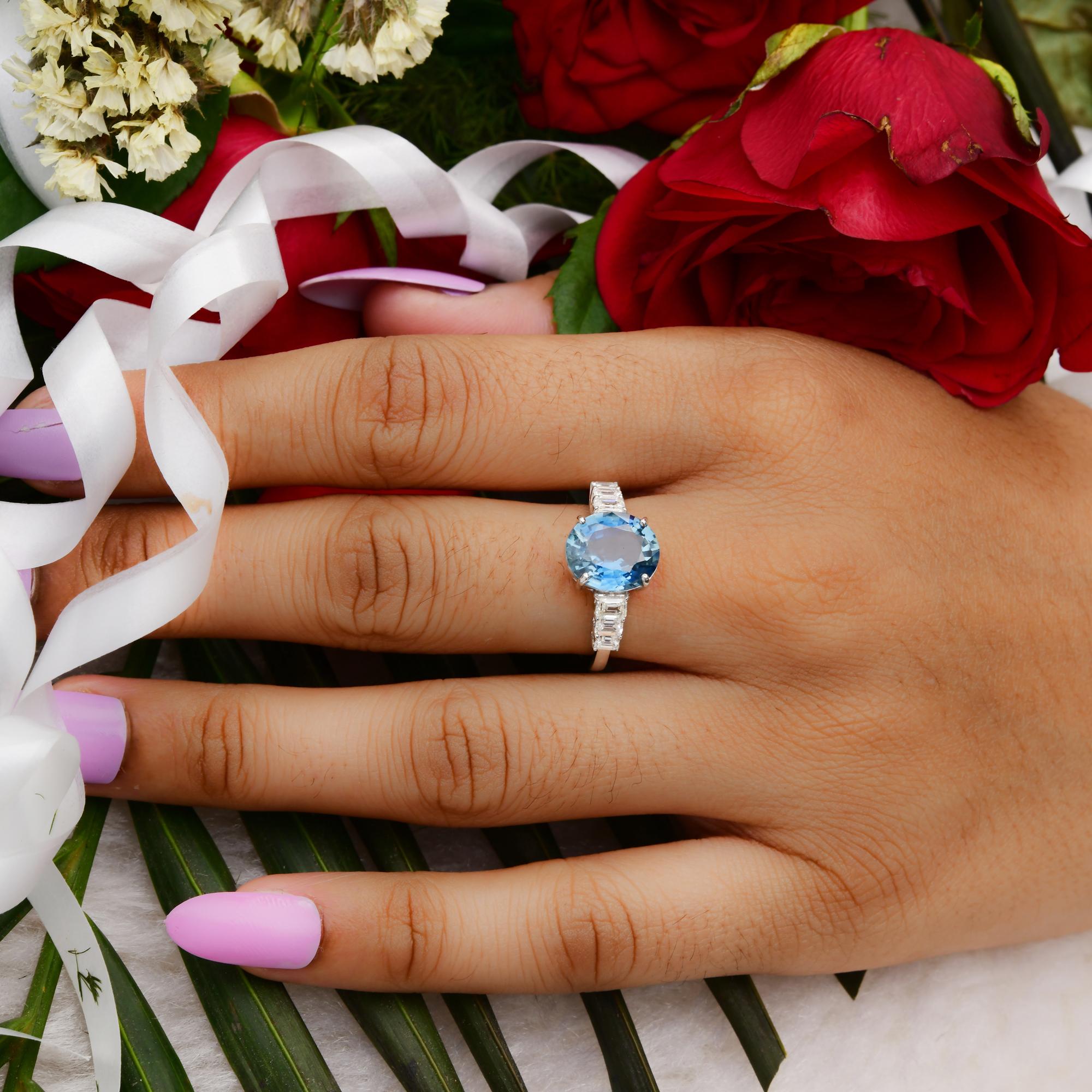 Women's Blue Sapphire Gemstone Ring Emerald Cut Diamond 18 Karat White Gold Fine Jewelry For Sale
