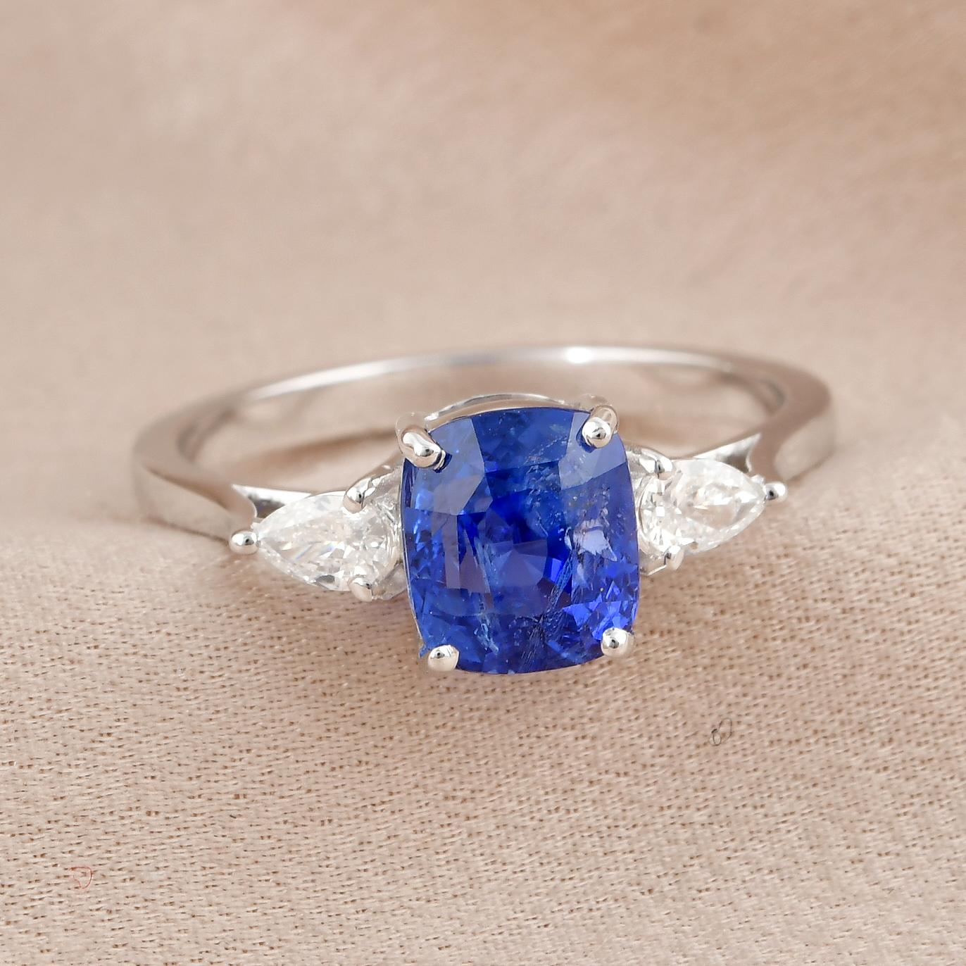 Cushion Cut Blue Sapphire Gemstone Ring Pave Diamond 18 Karat White Gold Handmade Jewelry For Sale
