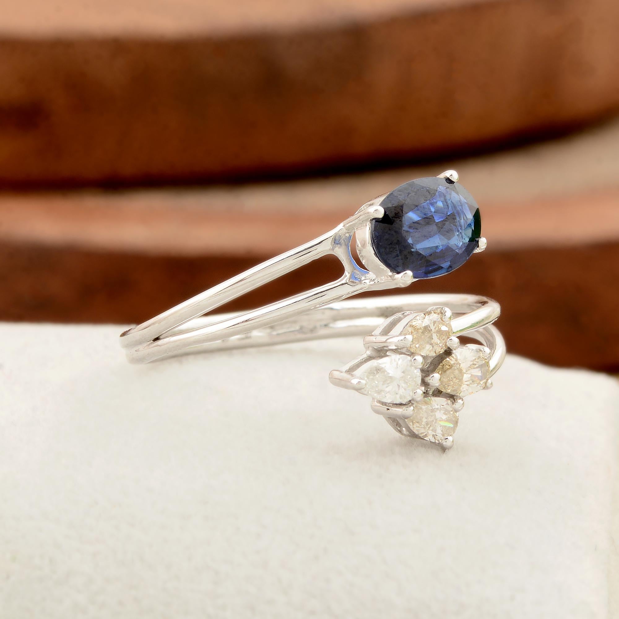 Modern Blue Sapphire Gemstone Ring Pear Diamond 10 Karat White Gold Jewelry For Sale