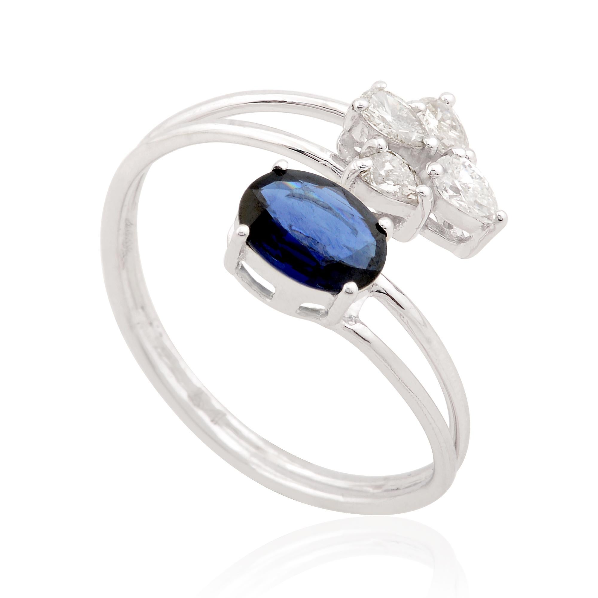Oval Cut Blue Sapphire Gemstone Ring Pear Diamond 10 Karat White Gold Jewelry For Sale