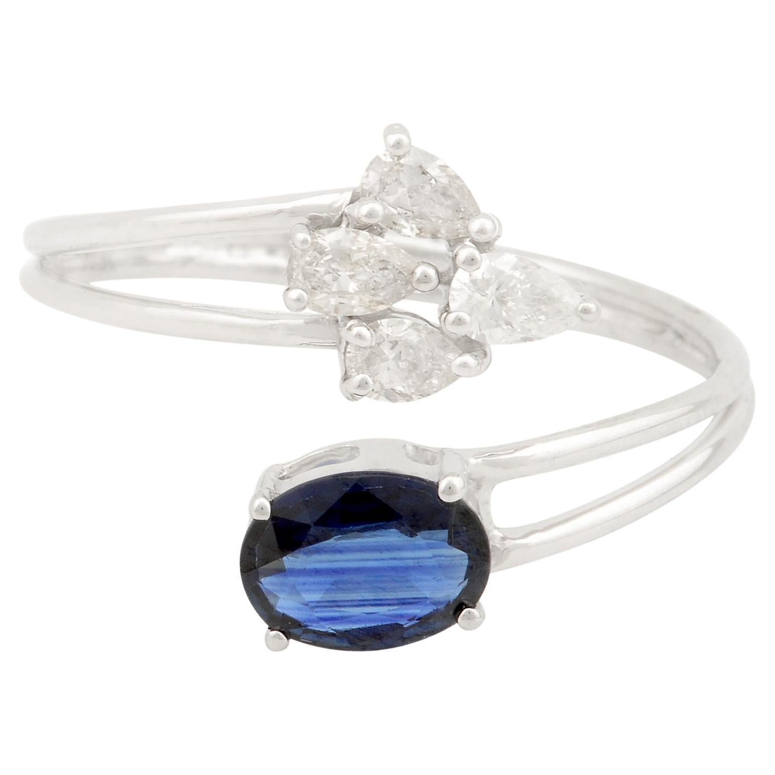 Blue Sapphire Gemstone Ring Pear Diamond 10 Karat White Gold Jewelry