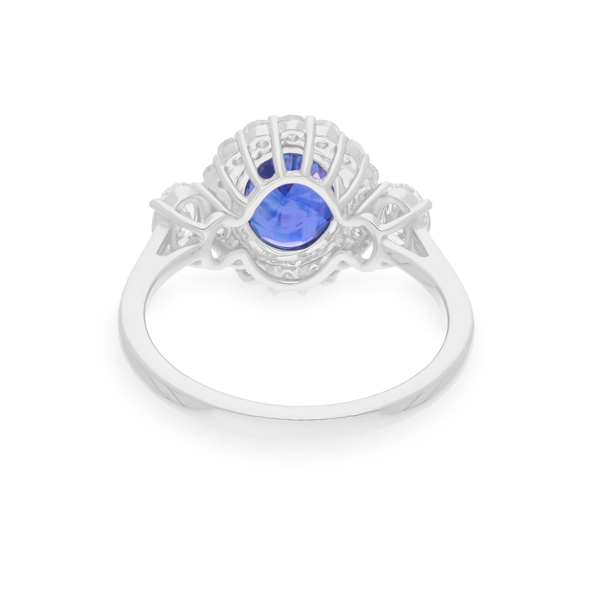 Oval Cut Blue Sapphire Gemstone Ring SI/H Diamond 14 Karat White Gold Handmade Jewelry For Sale