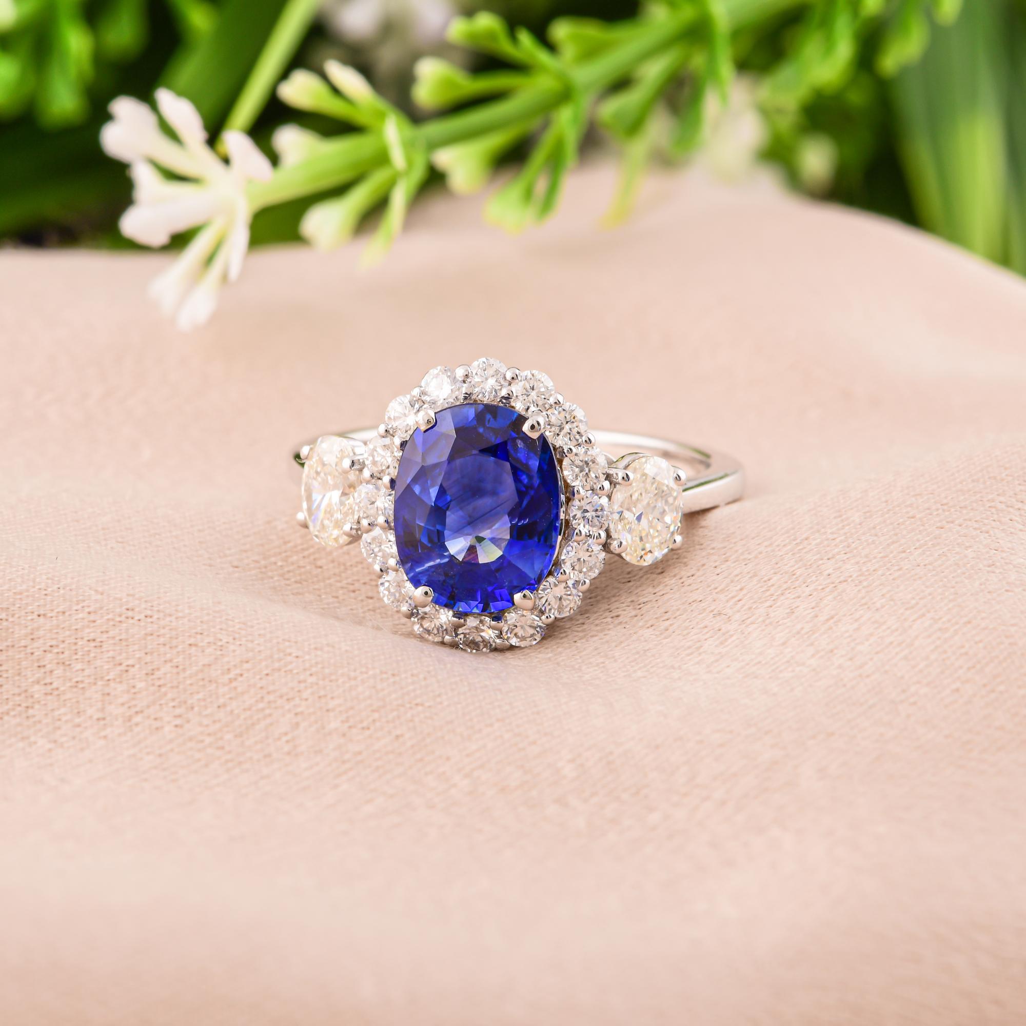 Blue Sapphire Gemstone Ring SI/H Diamond 14 Karat White Gold Handmade Jewelry In New Condition For Sale In Diera, Dubai