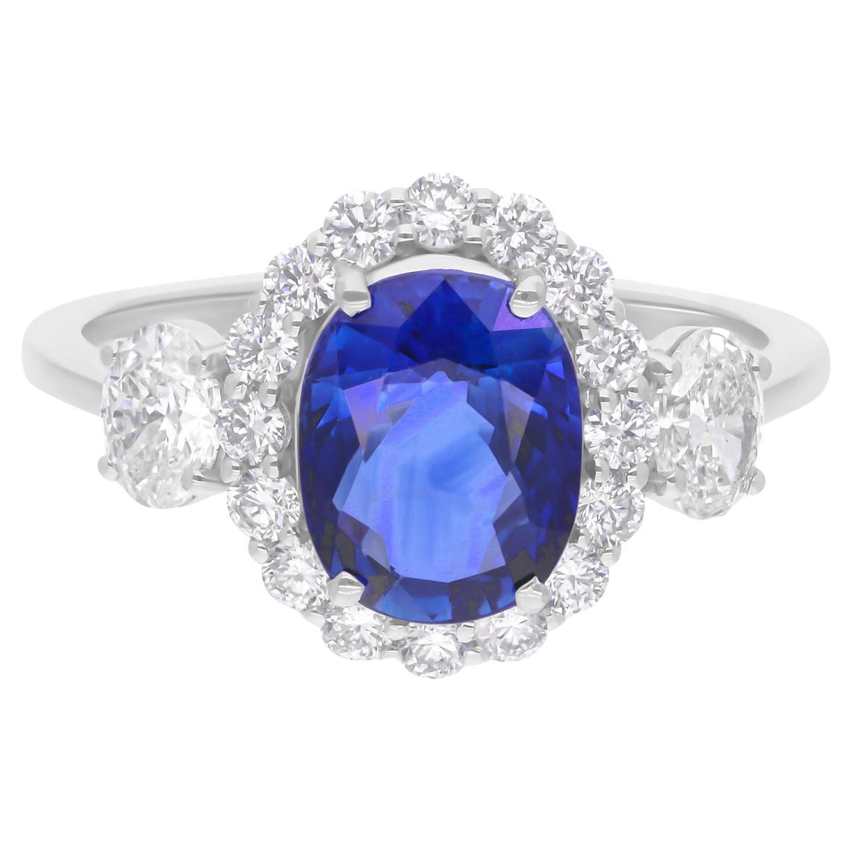 Blue Sapphire Gemstone Ring SI/H Diamond 14 Karat White Gold Handmade Jewelry For Sale