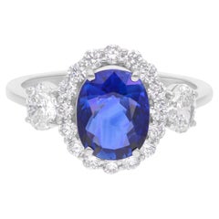 Blue Sapphire Gemstone Ring SI/H Diamond 14 Karat White Gold Handmade Jewelry