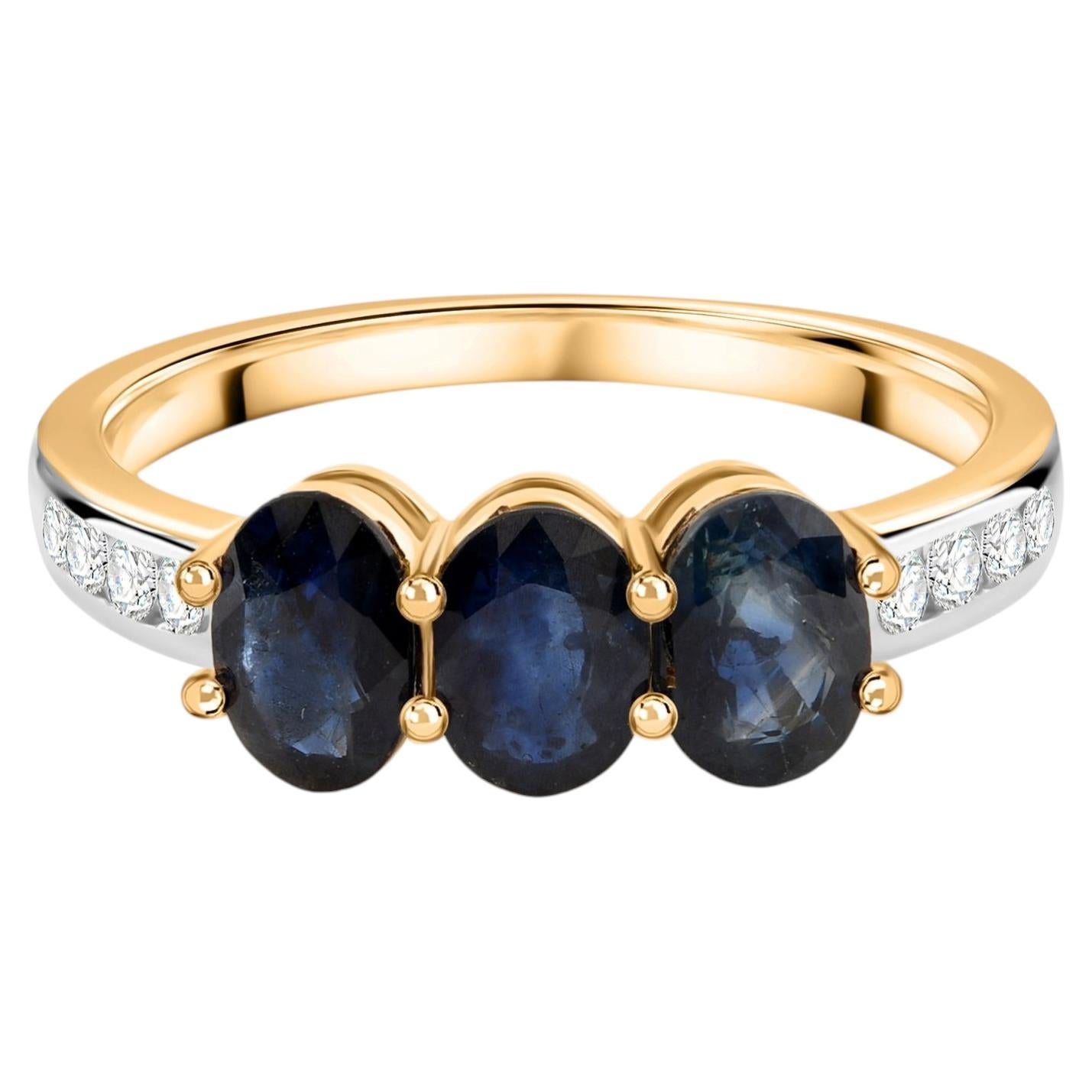 Blue Sapphire Gemstone Ring SI/H Diamond Ring 14 Karat Yellow Gold Fine Jewelry (bague en saphir bleu)