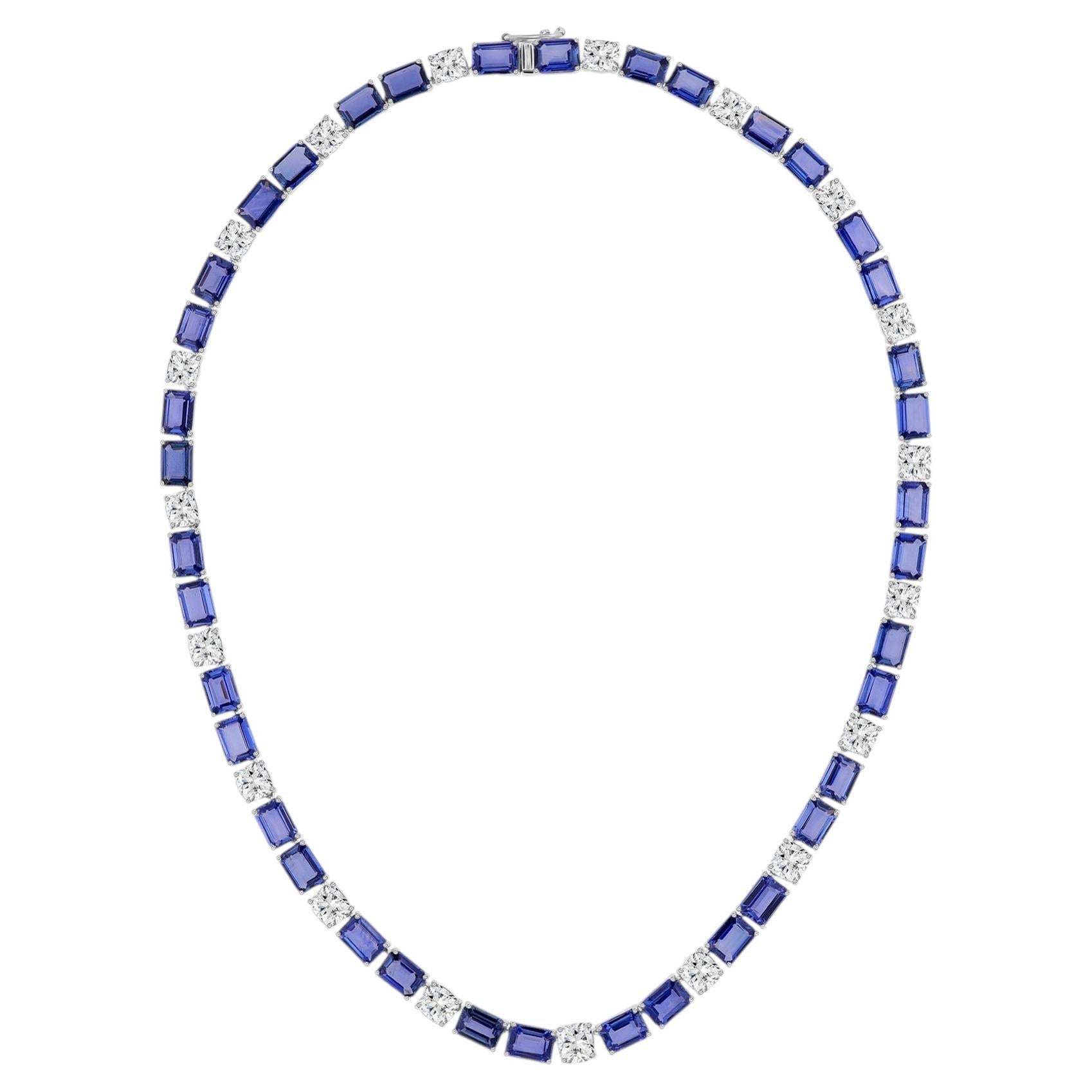 Blue Sapphire Gemstone SI/H Diamond Necklace 18 Karat White Gold