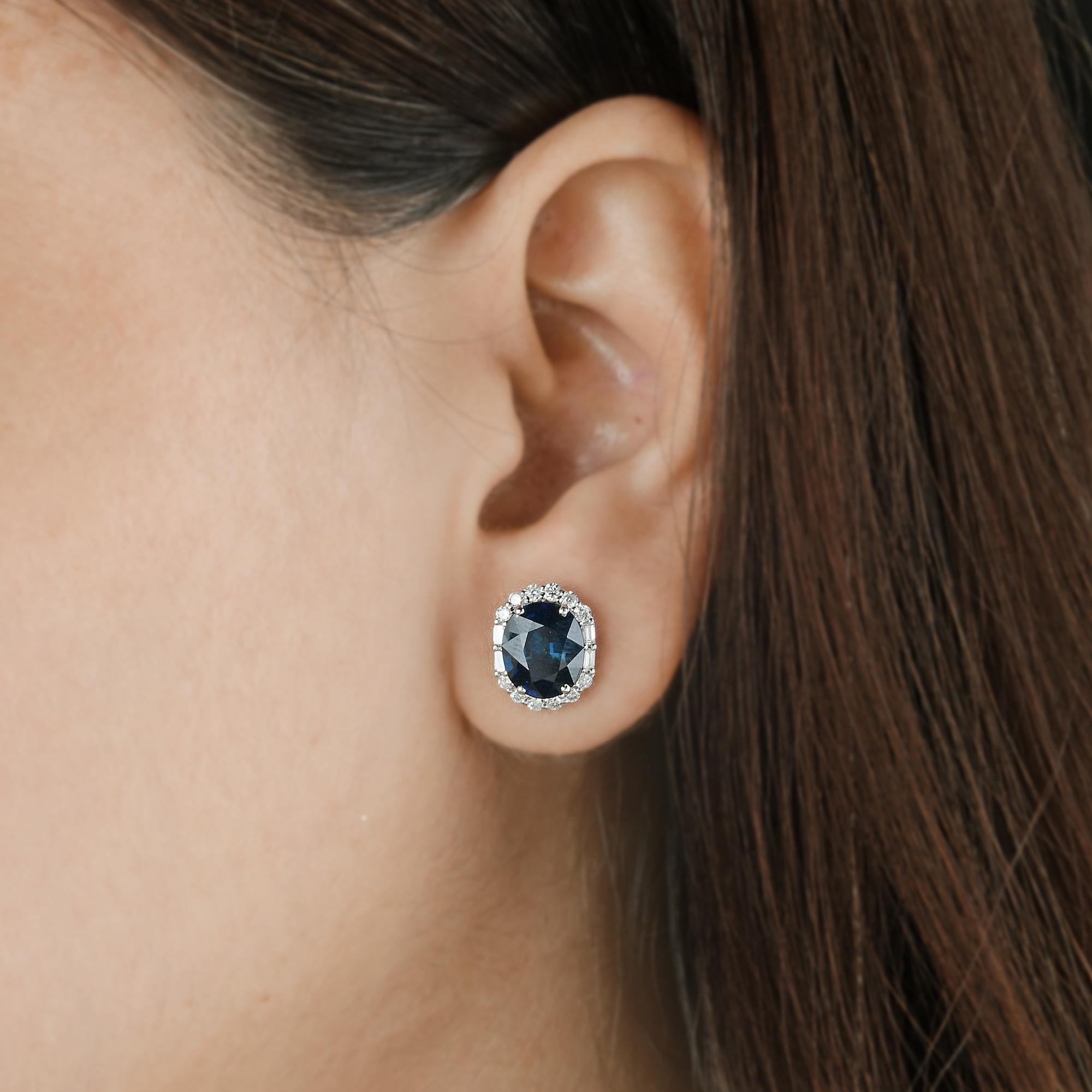 Modern Blue Sapphire Gemstone Stud Earrings Baguette Diamond 18 Kt White Gold Jewelry For Sale